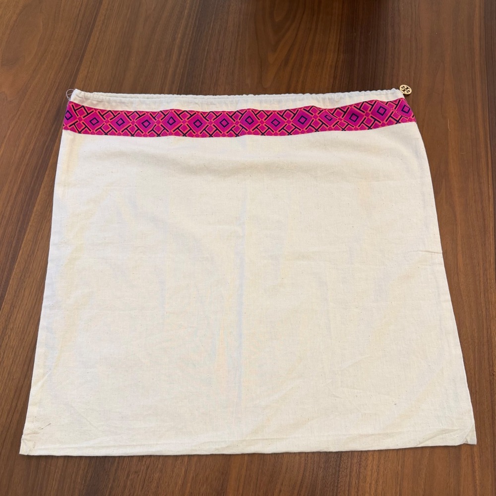 Tory Burch Cream Cotton Canvas Dust Bag Pink Purple Trim Gold Logo Medallion